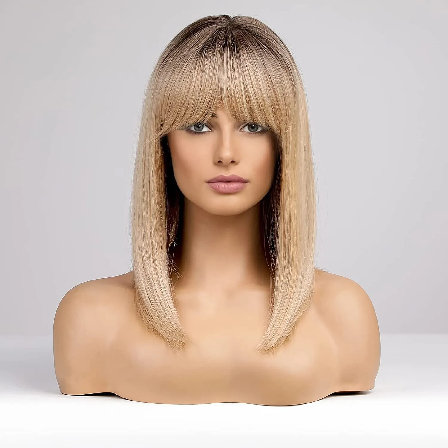 HAIRCUBE Long Blonde Wig with Bangs,Medium Length Ombre Blonde Wigs for Women Human Hair Blend Healthy Synthetic 16 Inch Wigs