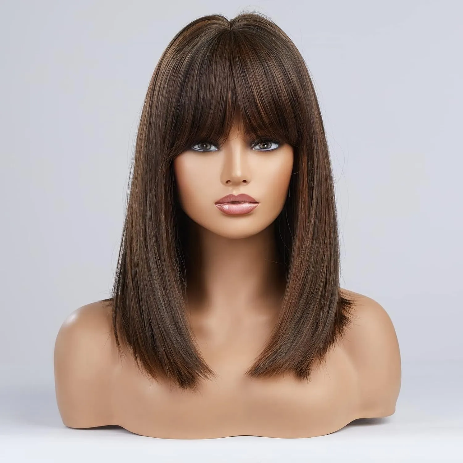 HAIRCUBE Long Dark Brown Bob Wigs for Women,Medium Length Wigs with Bangs Brown with Auburn Highlight Wigs Human Hair Blend Healthy Synthetic 16 Inch Wigs