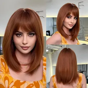 HAIRCUBE Long Ombre Auburn Wig with Bangs,Medium Length Orange Wigs for Women Human Hair Blend Healthy Synthetic 16 Inch Wigs