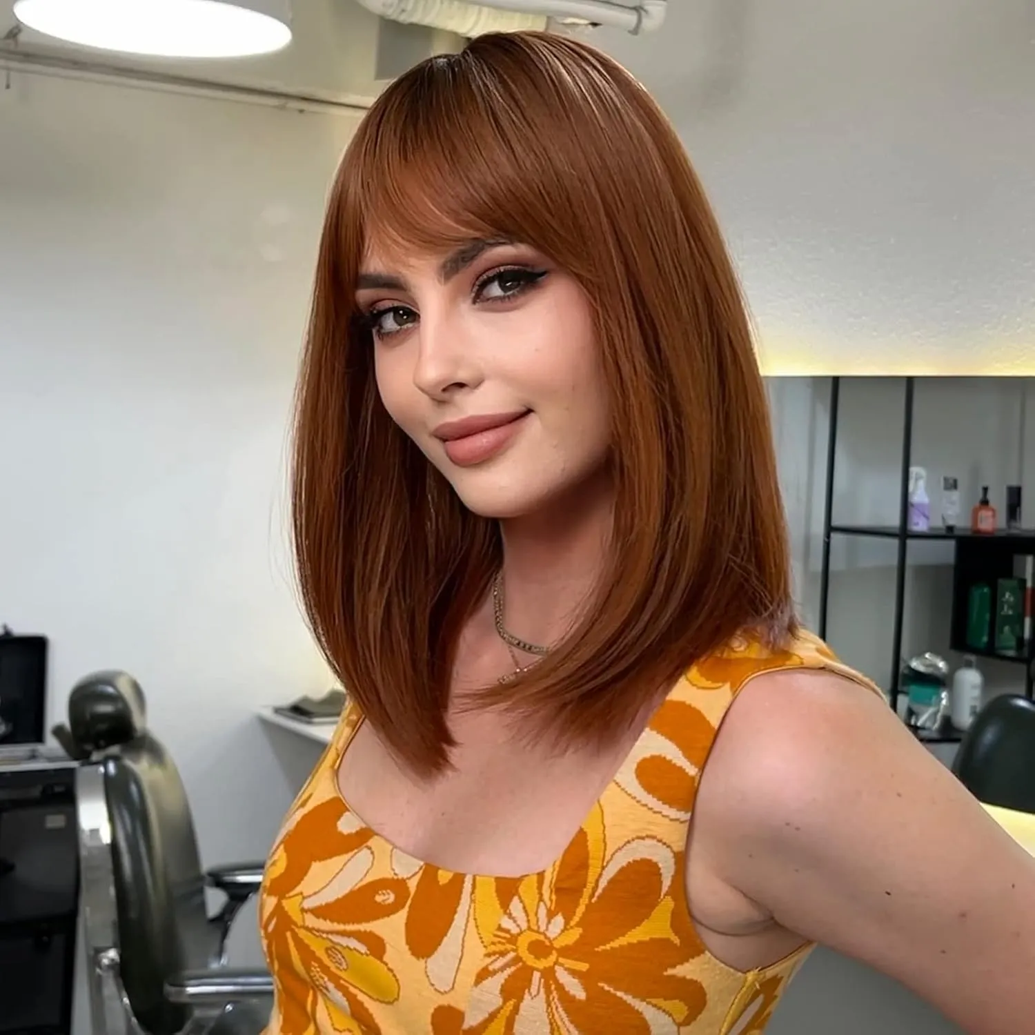 HAIRCUBE Long Ombre Auburn Wig with Bangs,Medium Length Orange Wigs for Women Human Hair Blend Healthy Synthetic 16 Inch Wigs