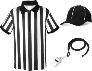 Halloween Kids Referee Costume Set White Black Stripe Umpire Jersey Overturned Collar Referee Shirt Stainless Steel Whistle with Lanyard Hat for Basketball Football Soccer