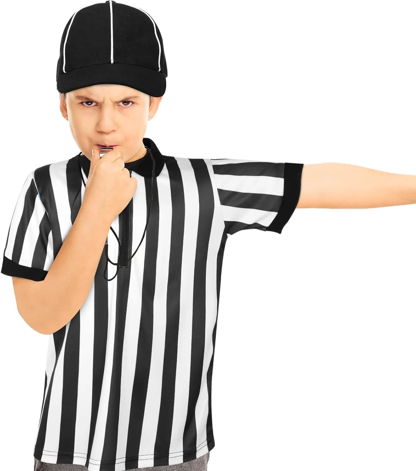 Halloween Kids Referee Costume Set White Black Stripe Umpire Jersey Overturned Collar Referee Shirt Stainless Steel Whistle with Lanyard Hat for Basketball Football Soccer