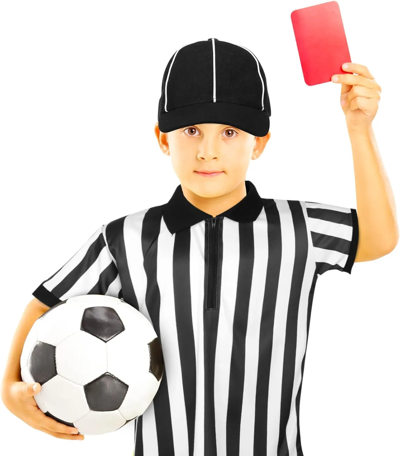 Halloween Kids Referee Costume Set White Black Stripe Umpire Jersey Overturned Collar Referee Shirt Stainless Steel Whistle with Lanyard Hat for Basketball Football Soccer