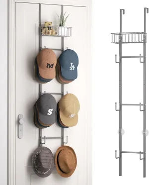 HapiRm Over Door Hat Rack - 2 Packs Wall Mounted Hat Holder with 6 Hooks and Metal Basket Design, Baseball Cap Organizer Storage Up to 32 Caps for Door, Bedroom, Closet (Grey)