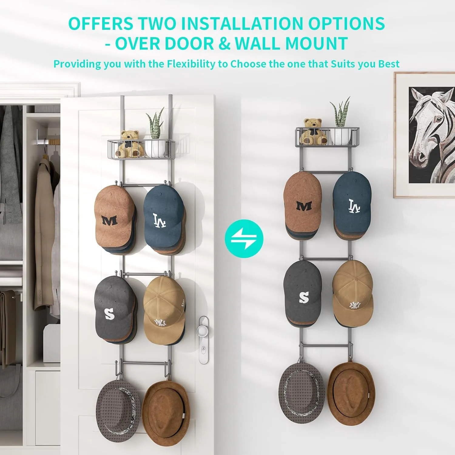 HapiRm Over Door Hat Rack - 2 Packs Wall Mounted Hat Holder with 6 Hooks and Metal Basket Design, Baseball Cap Organizer Storage Up to 32 Caps for Door, Bedroom, Closet (Grey)