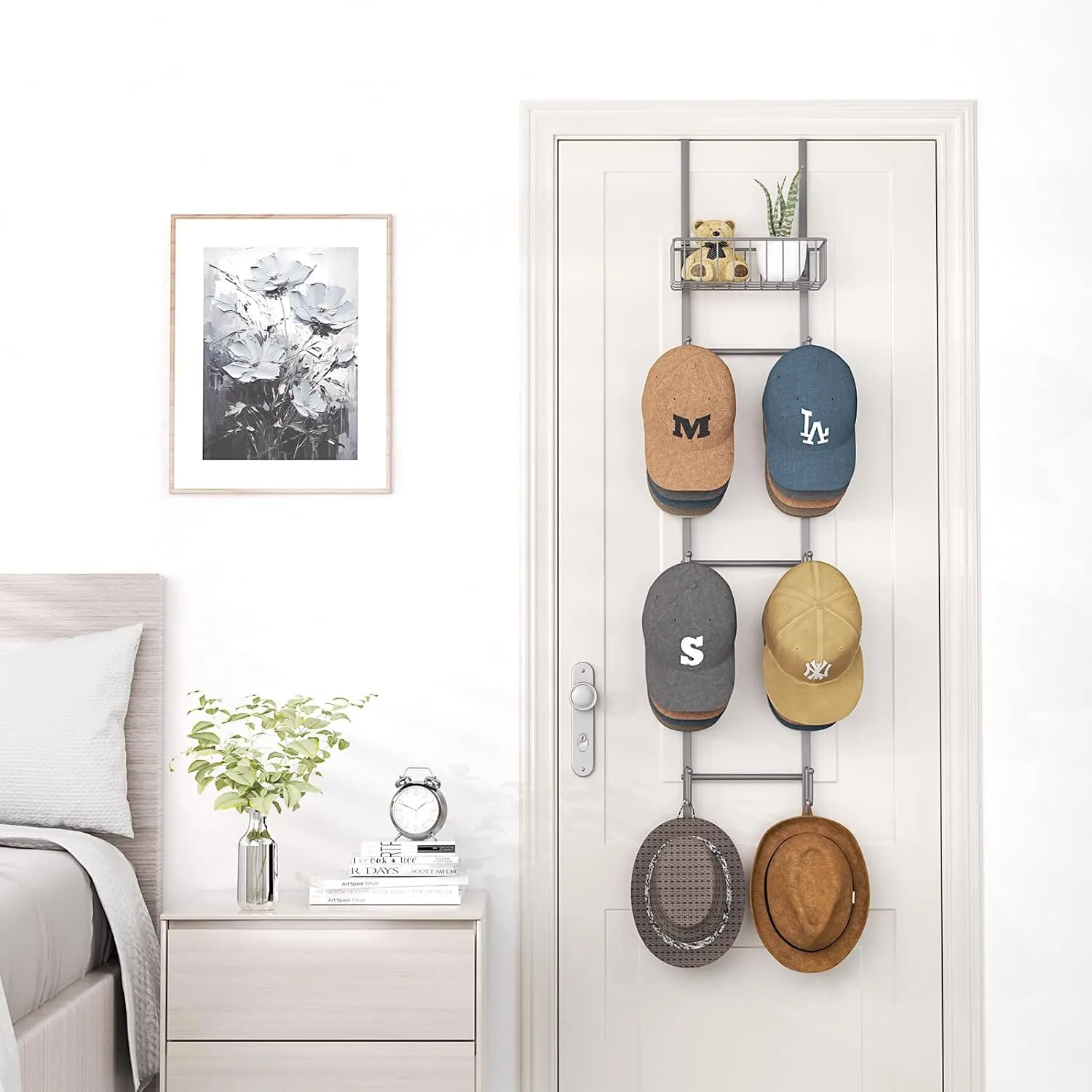 HapiRm Over Door Hat Rack - 2 Packs Wall Mounted Hat Holder with 6 Hooks and Metal Basket Design, Baseball Cap Organizer Storage Up to 32 Caps for Door, Bedroom, Closet (Grey)
