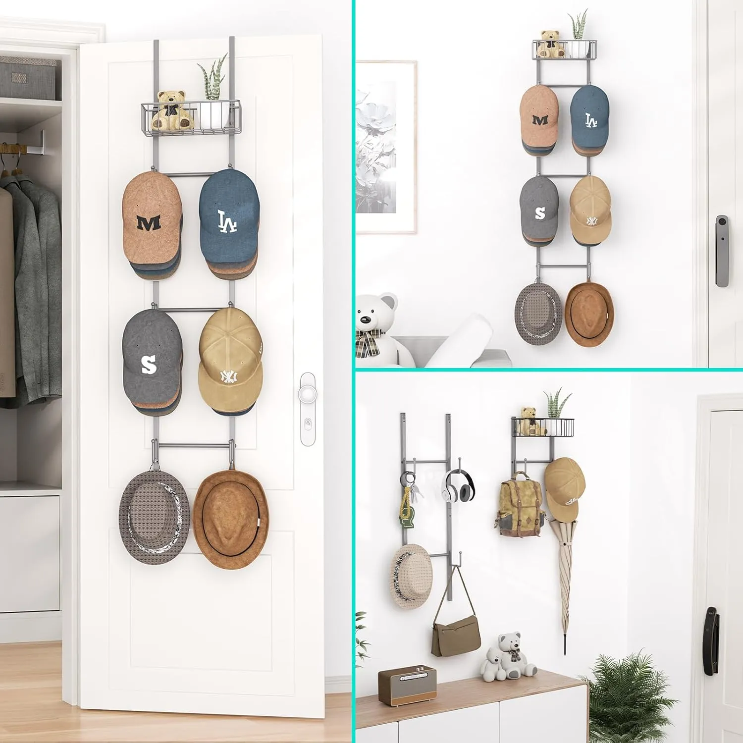 HapiRm Over Door Hat Rack - 2 Packs Wall Mounted Hat Holder with 6 Hooks and Metal Basket Design, Baseball Cap Organizer Storage Up to 32 Caps for Door, Bedroom, Closet (Grey)