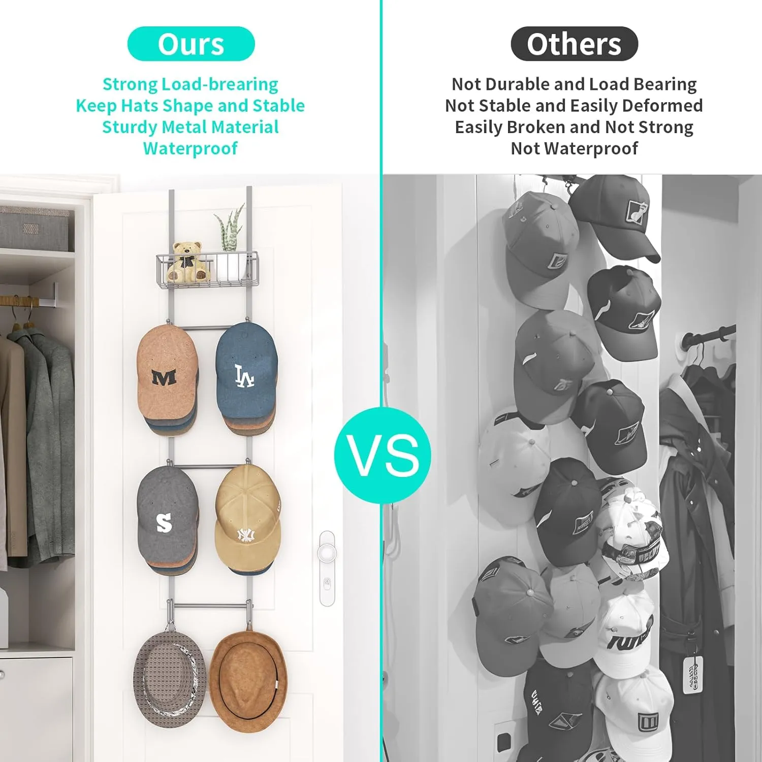HapiRm Over Door Hat Rack - 2 Packs Wall Mounted Hat Holder with 6 Hooks and Metal Basket Design, Baseball Cap Organizer Storage Up to 32 Caps for Door, Bedroom, Closet (Grey)