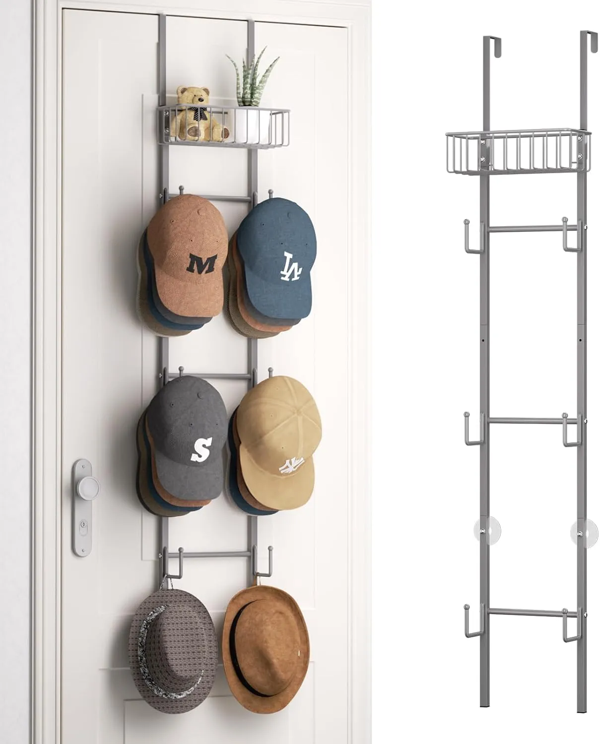 HapiRm Over Door Hat Rack - 2 Packs Wall Mounted Hat Holder with 6 Hooks and Metal Basket Design, Baseball Cap Organizer Storage Up to 32 Caps for Door, Bedroom, Closet (Grey)