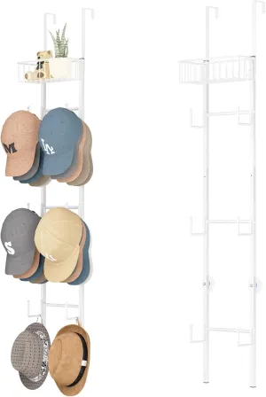 HapiRm Over Door Hat Rack - 2 Packs Wall Mounted Hat Holder with 6 Hooks and Metal Basket Design, Baseball Cap Organizer Storage Up to 32 Caps for Door, Bedroom, Closet, White