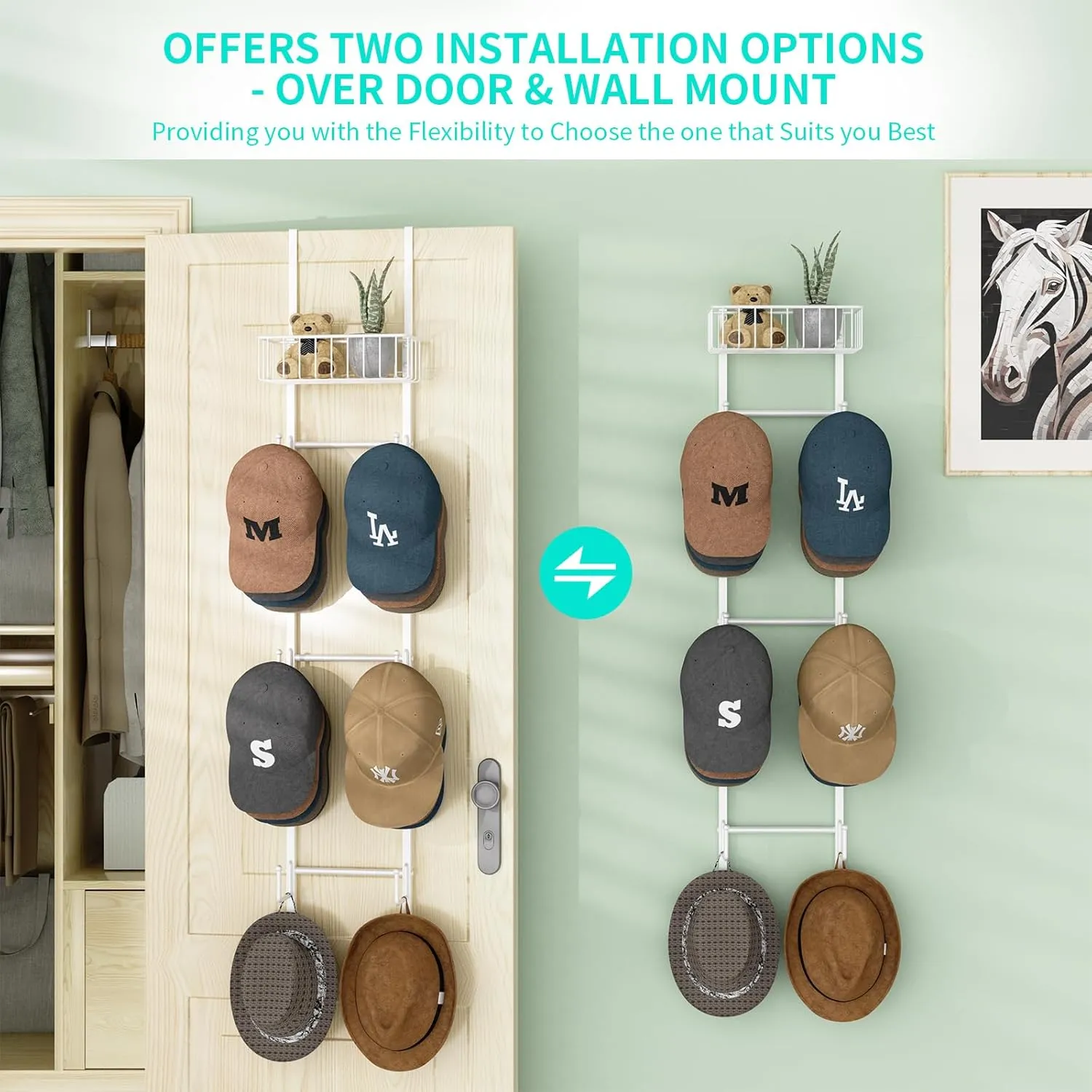 HapiRm Over Door Hat Rack - 2 Packs Wall Mounted Hat Holder with 6 Hooks and Metal Basket Design, Baseball Cap Organizer Storage Up to 32 Caps for Door, Bedroom, Closet, White