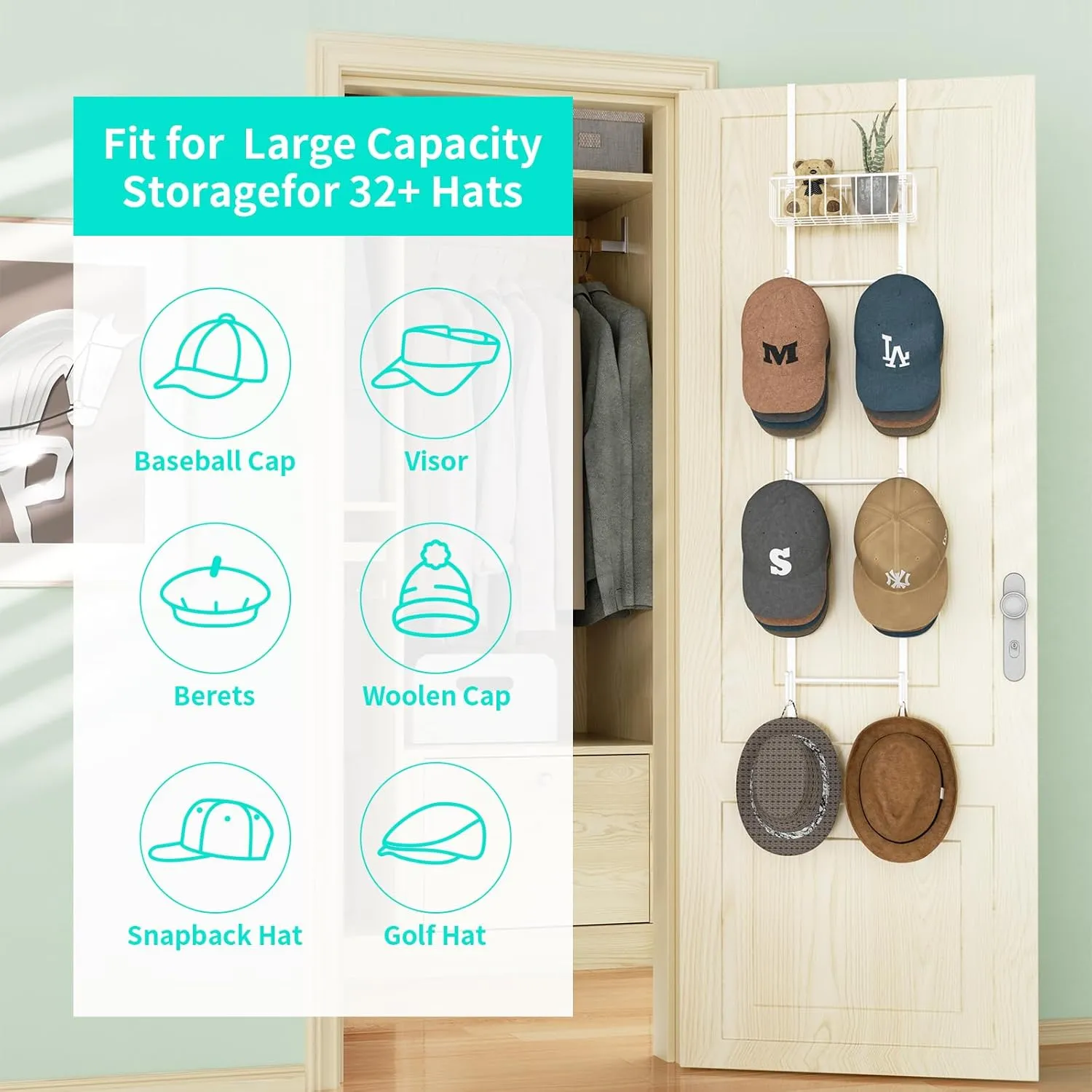 HapiRm Over Door Hat Rack - 2 Packs Wall Mounted Hat Holder with 6 Hooks and Metal Basket Design, Baseball Cap Organizer Storage Up to 32 Caps for Door, Bedroom, Closet, White