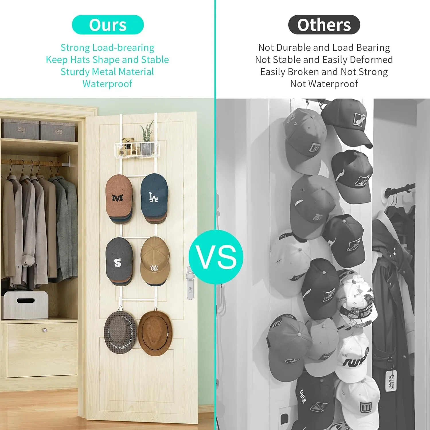 HapiRm Over Door Hat Rack - 2 Packs Wall Mounted Hat Holder with 6 Hooks and Metal Basket Design, Baseball Cap Organizer Storage Up to 32 Caps for Door, Bedroom, Closet, White
