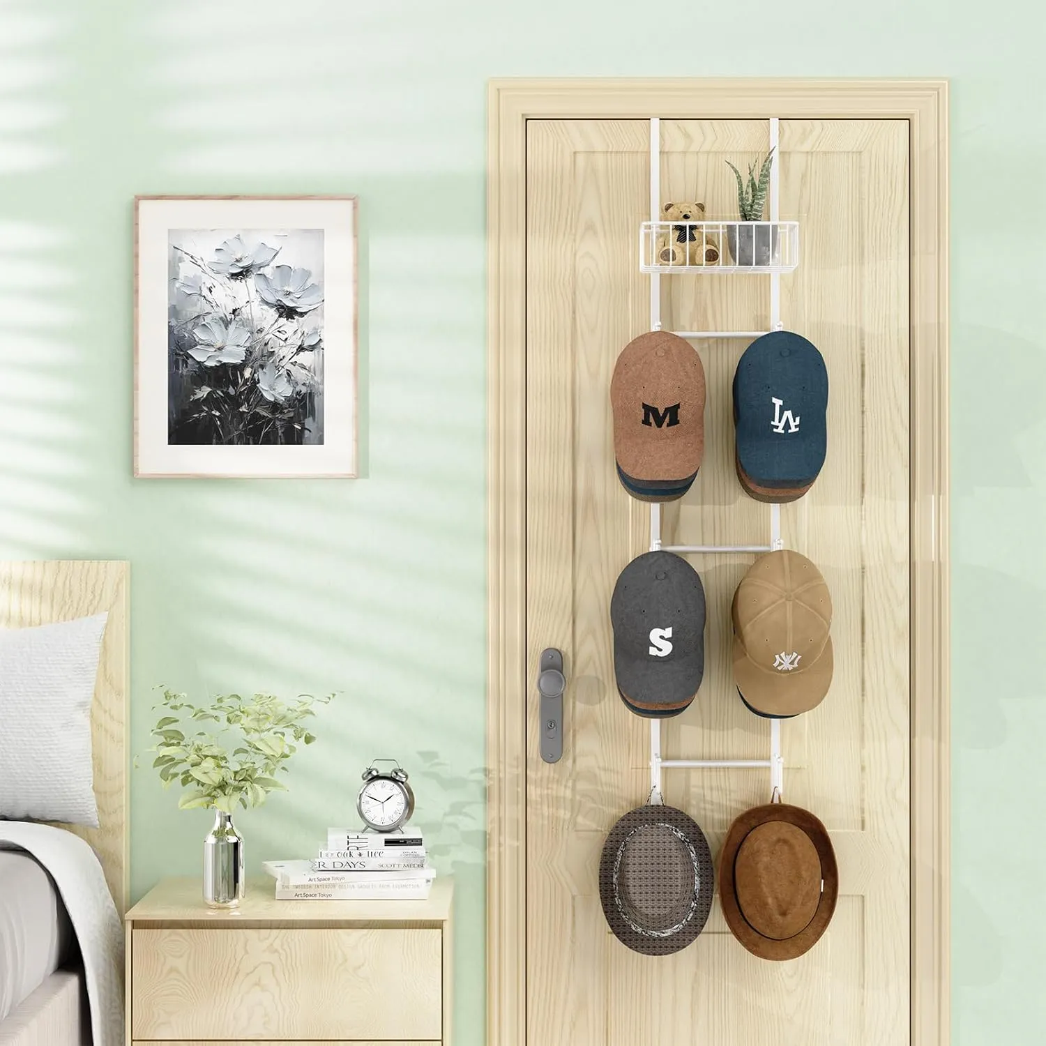 HapiRm Over Door Hat Rack - Wall Mounted Hat Holder with 6 Hooks and Metal Basket Design, Baseball Cap Organizer Storage Up to 32 Caps for Door, Bedroom, Closet (White)