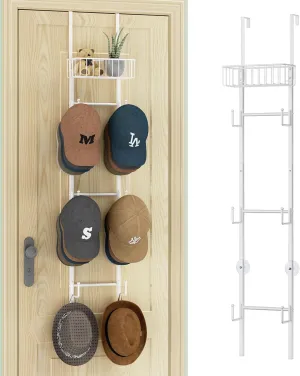 HapiRm Over Door Hat Rack - Wall Mounted Hat Holder with 6 Hooks and Metal Basket Design, Baseball Cap Organizer Storage Up to 32 Caps for Door, Bedroom, Closet (White)