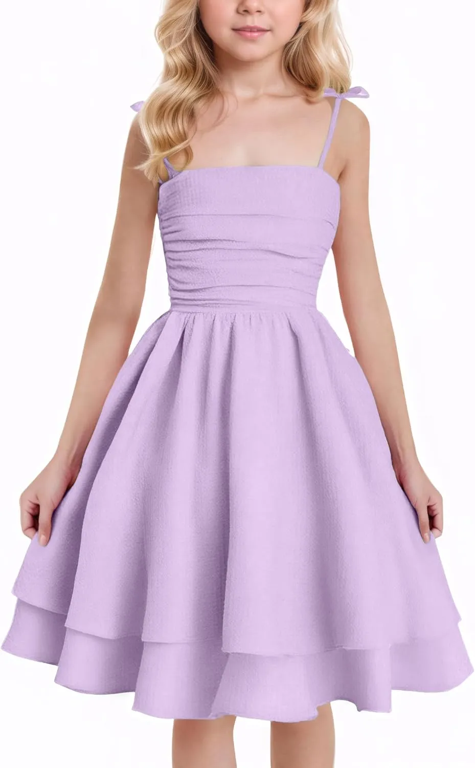 Happy Cherry Girls Spaghetti Strap Smocked Dress Layered Beach Sundress A-Line Midi Dresses 7-12 Years