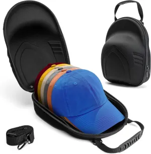 Hard Hat Case for Baseball Caps,Hat Carrier Travel Case with One Black Baseball Cap and Adjustable Shoulder Strap,Hat Organizer Holder Bag for 6 Baseball Caps for Women and Men,Black
