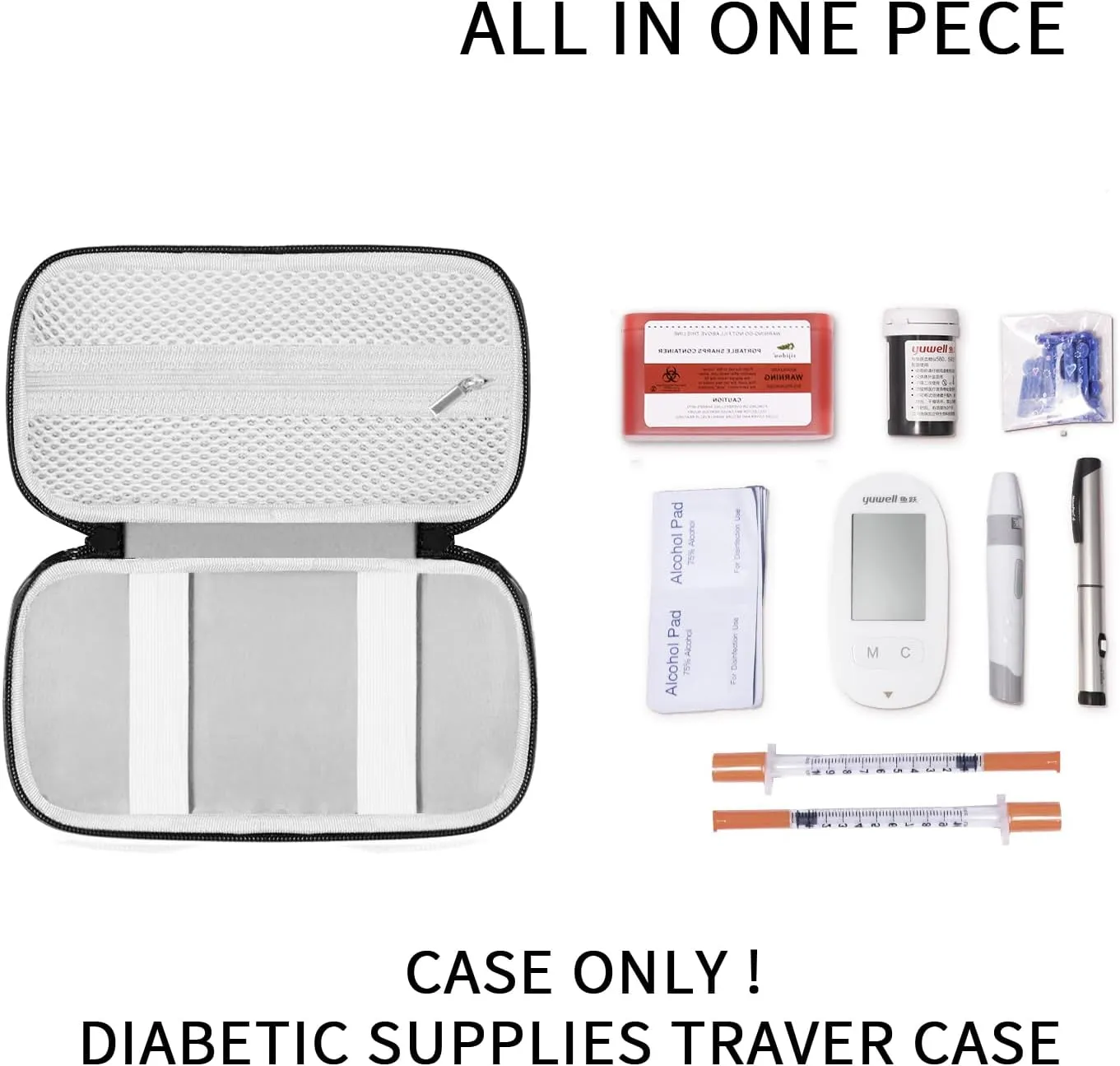 Hard Shell Diabetic Supplies Bag, Diabetes Testing Kit Case, Used for Carrying Glucose Monitor Kit, Blood Sugar Test Strips, Lancets, Lancing Device, Alcohol Wipe Items (Grey)