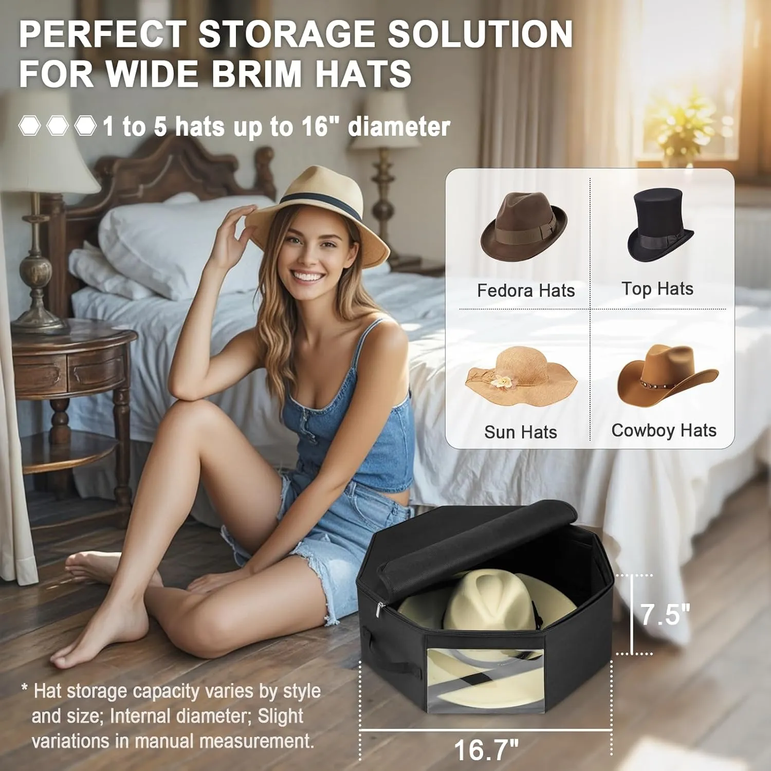 Hat Box for Travel & Storage, Upgrade Dustproof Case for Cowboy, Panama & Fedora Hats, Black