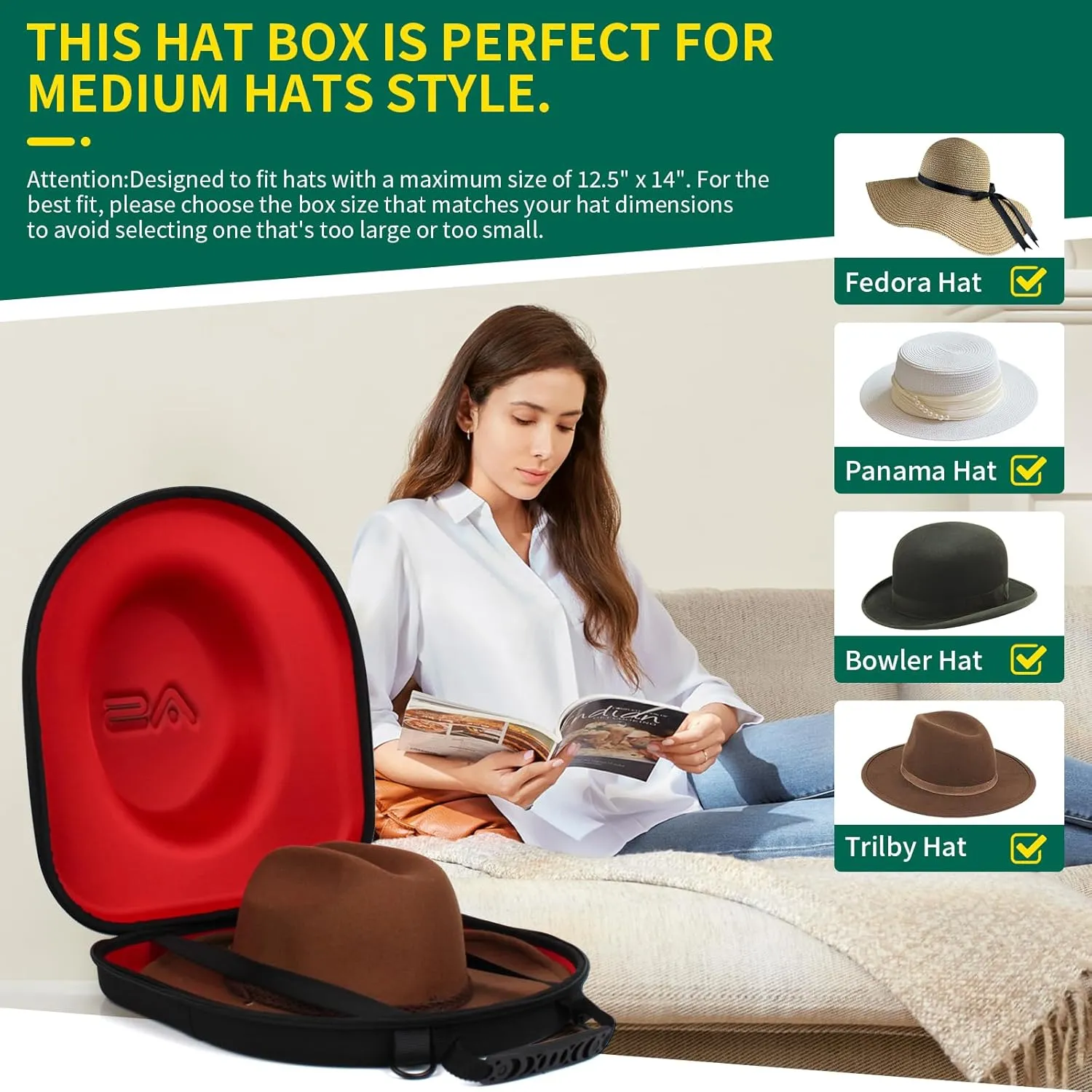 Hat Box for Travel-Crush Proof Hat Travel Case for Fedora Hats Holder Storage Box Organizer Cap Carrier with Adjustable Carry Strap (01-Black Red)