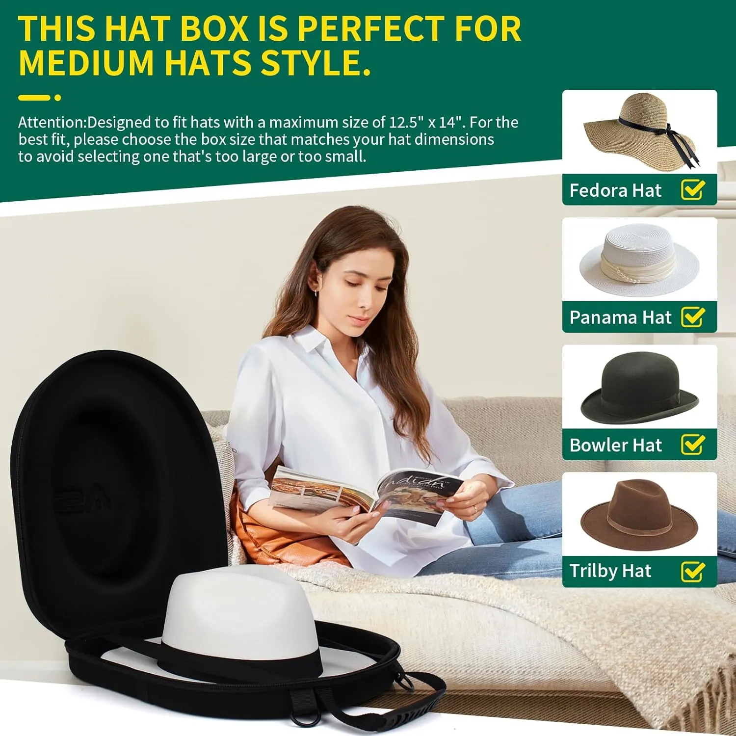 Hat Box for Travel-Crush Proof Hat Travel Case for Fedora Hats Holder Storage Box Organizer Cap Carrier with Adjustable Carry Strap (02-Black Black)