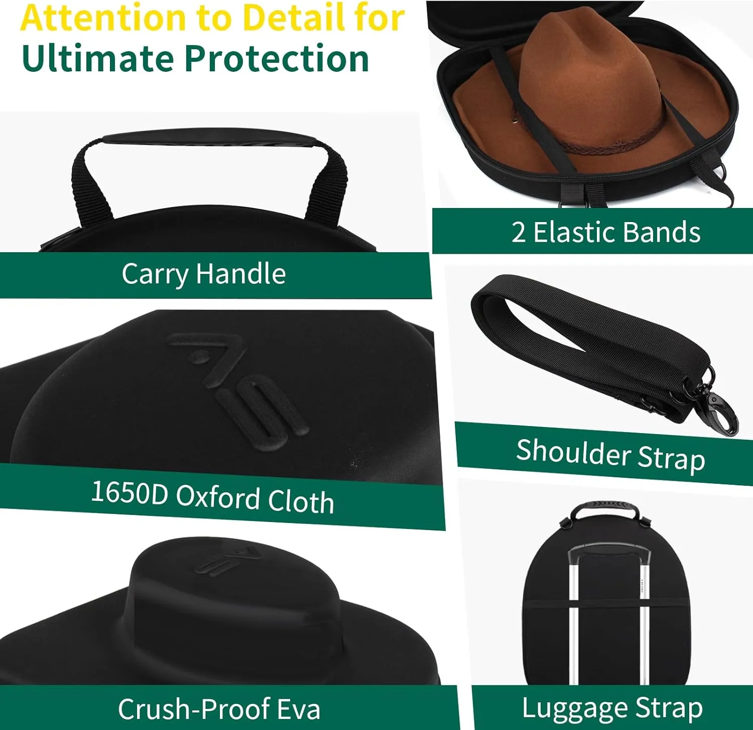 Hat Box for Travel-Crush Proof Hat Travel Case for Fedora Hats Holder Storage Box Organizer Cap Carrier with Adjustable Carry Strap (02-Black Black)