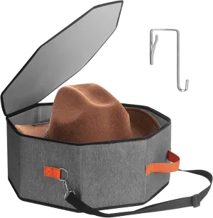 Hat Storage Box for Women & Men, Hardboard Support Hat Boxes with 1 Door Hook Hat Organizer, Cowboy Hat Box for Travel, Hat Bag Hat Case (Grey)