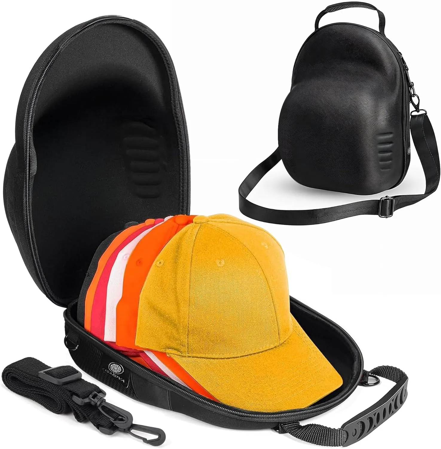 Hat Travel Case - Hat Storage, Durable Hat Storage for Baseball Caps, Cap Holder with Adjustable Strap and Back Pocket - Holds up to 6 Caps