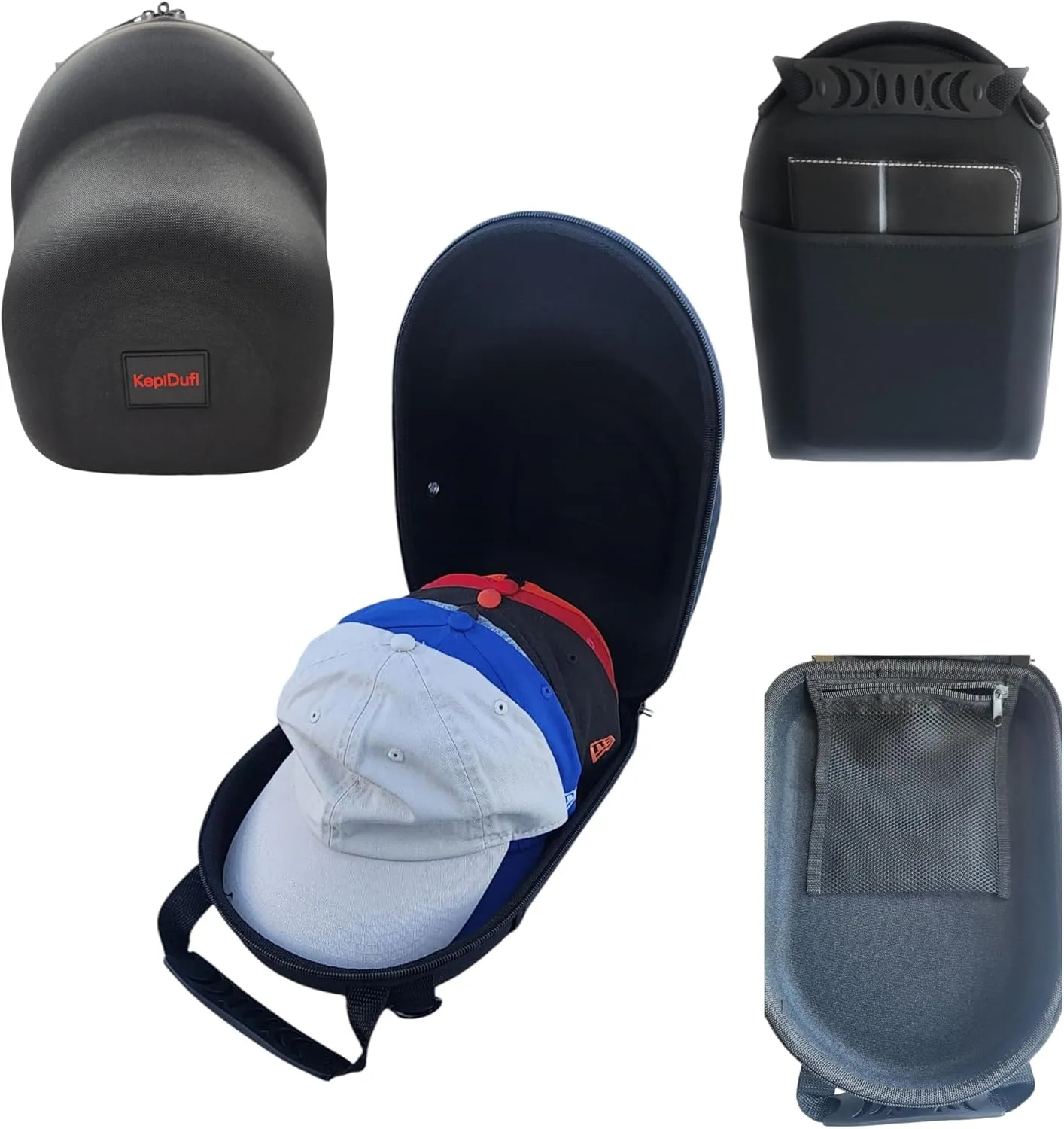 Hat Travel Hard Storage Case for Baseball Caps, Carrying Handle, Shoulder Strap, Inner Lining Zip Pocket, and Exterior Storage Pouch