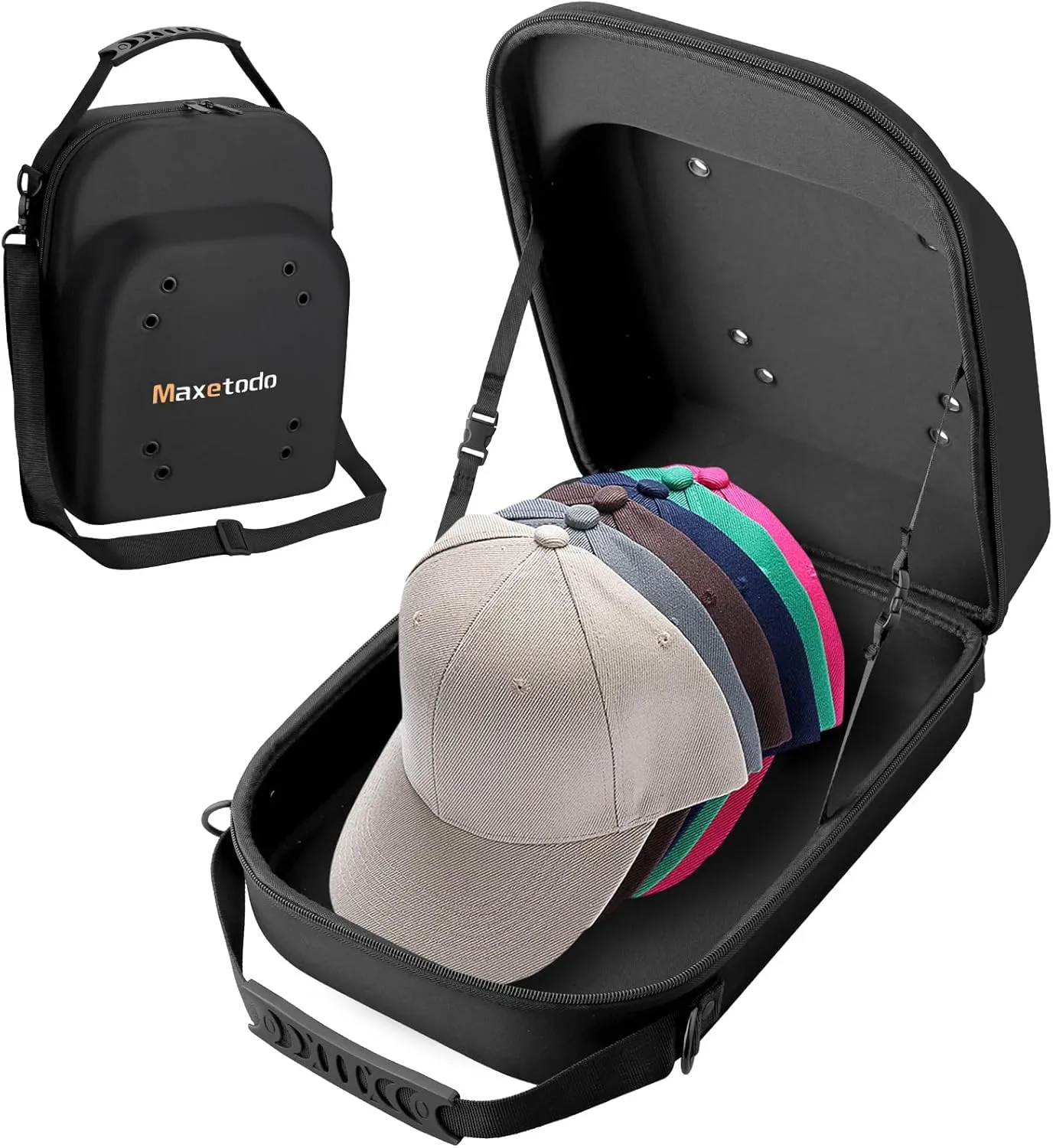 Hat Travel Storage Bag,EVA Waterproof Dustproof Crushproof Hat Box,Holds Up to 6 Baseball Caps,with Handle and Shoulder Strap,Ideal for Travel, Home Storage,and Daily Use Black