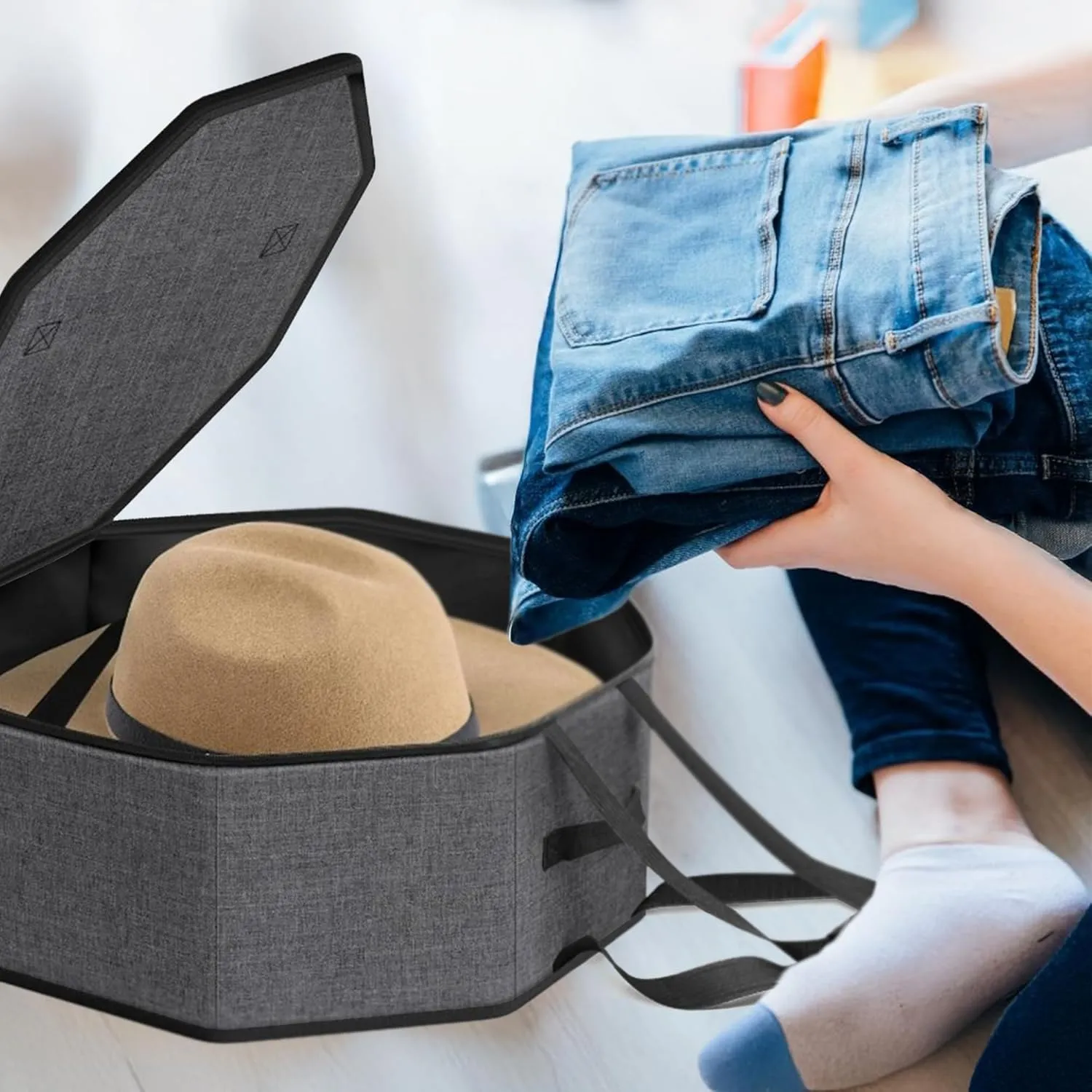 Hats Boxes for Women Storage Travel Organizer with Handles for Closet Wide Brims Hat Carrier Case with Cardboard Stuffed Animal Toy Organizer