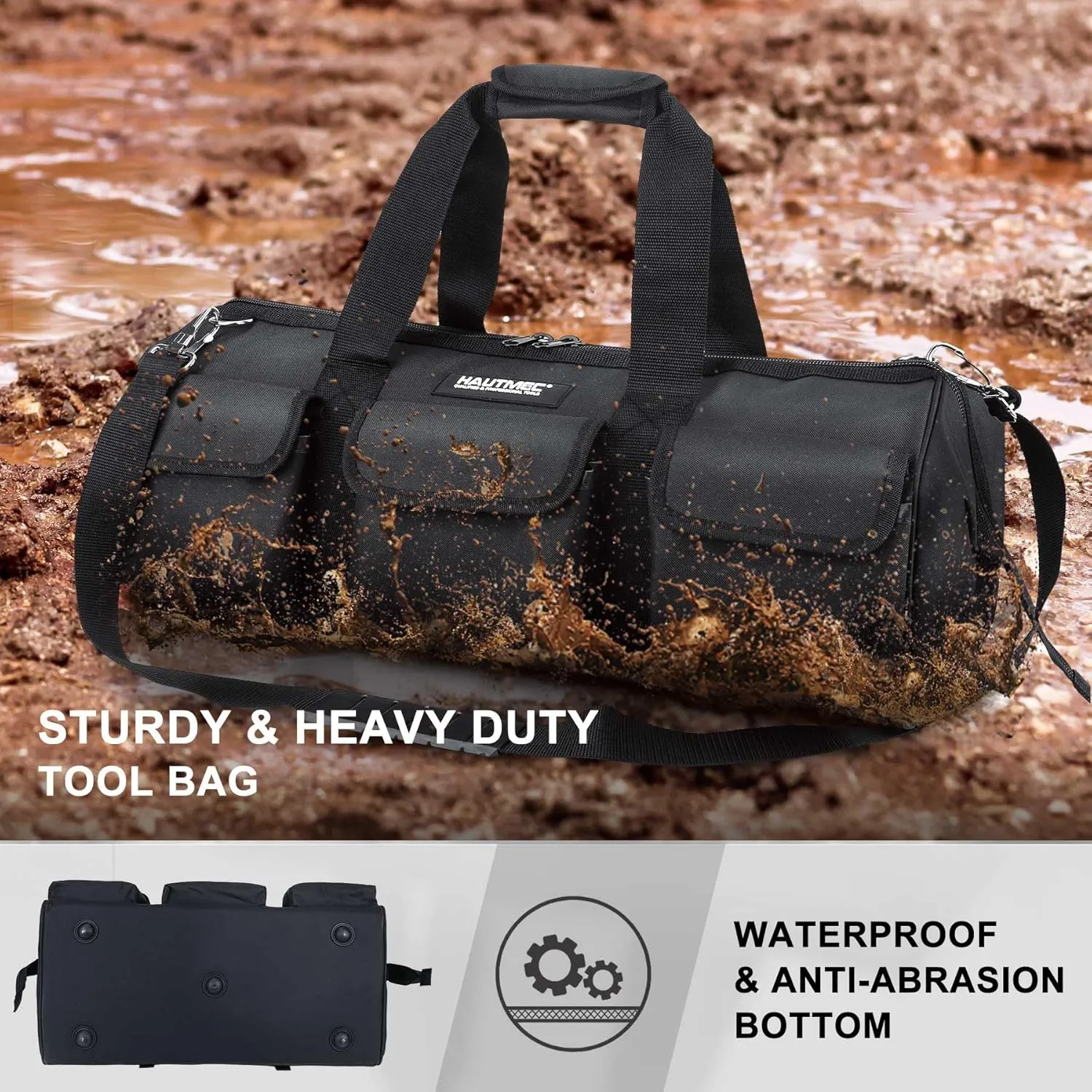 HAUTMEC 24" Contractor Heavy Duty Wide Mouth Tool Bag, All Black HT0184-TB