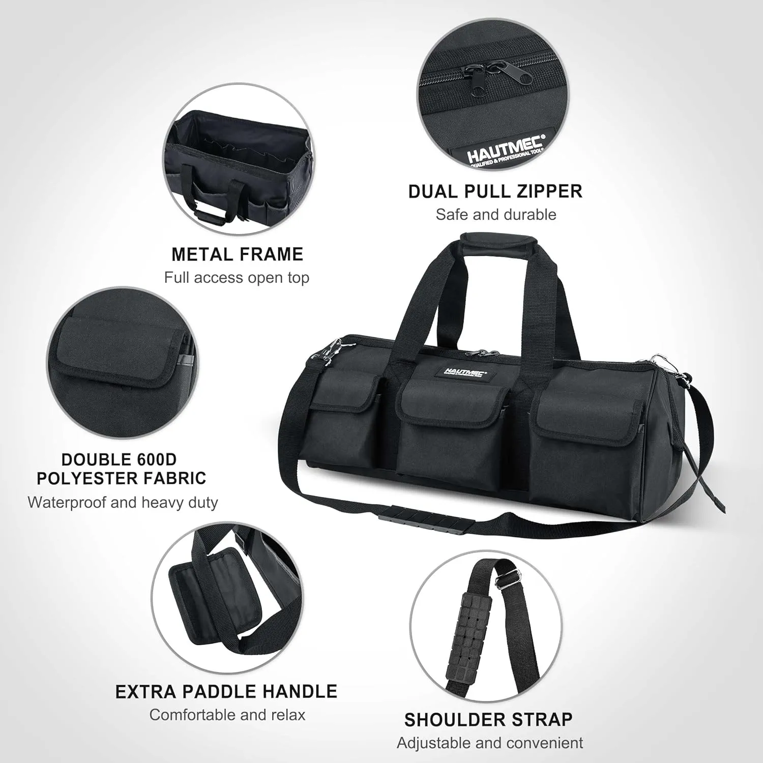 HAUTMEC 24" Contractor Heavy Duty Wide Mouth Tool Bag, All Black HT0184-TB