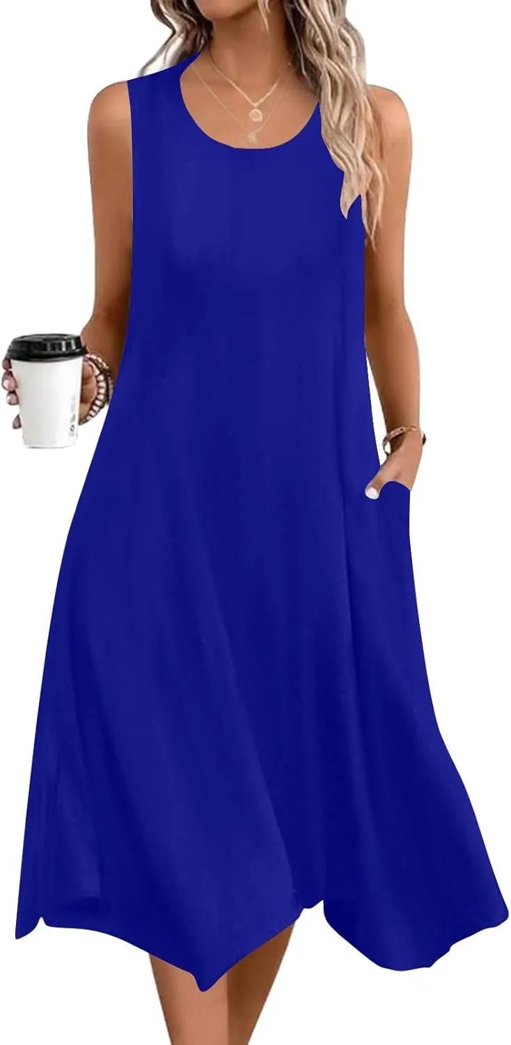 Hawaiian Dresses for Women Summer Casual Sleeveless Sundresses Fashion Hankerchief Flare Flowy Dress with Pockets