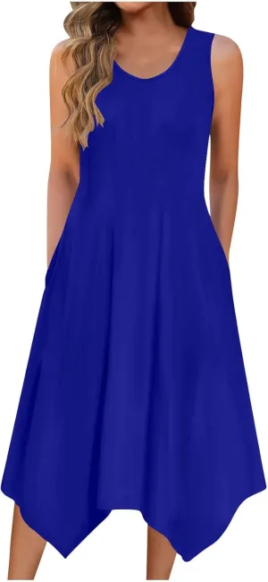 Hawaiian Dresses for Women Summer Casual Sleeveless Sundresses Fashion Hankerchief Flare Flowy Dress with Pockets