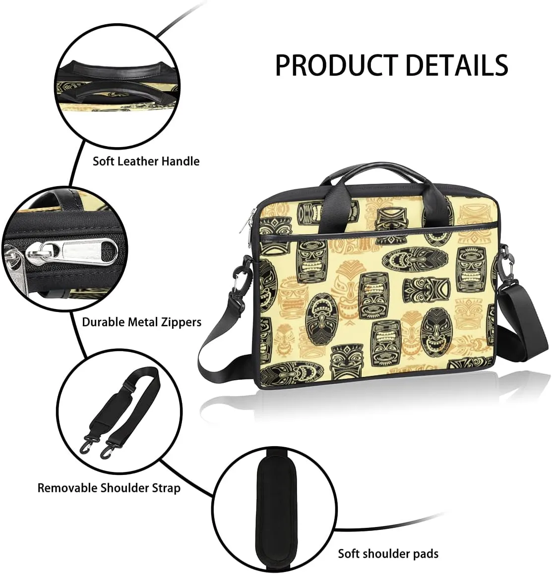 Hawaiian Tiki Pattern Laptop Shoulder Messenger Bag Waterproof Laptop Briefcase with Handle and Padded Strap Case Sleeve