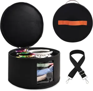 Heaband Holder Organizer, Large Round Tiara Tote Storage Box, Headband Ears Display Storage Box with Shoulder Straps for Hairband, Tiara and Hair Accessories Storage Travel Picnic Park (Black)
