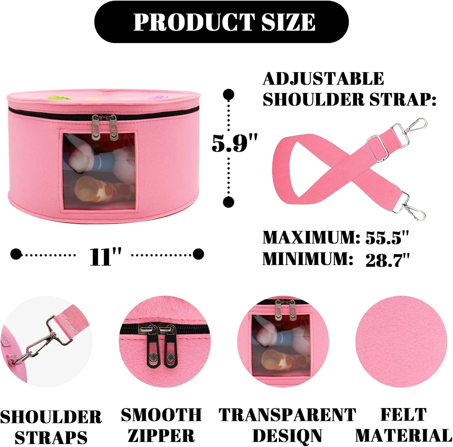 Heaband Holder Organizer, Large Round Tiara Tote Storage Box, Headband Ears Display Storage Box with Shoulder Straps (Pink)