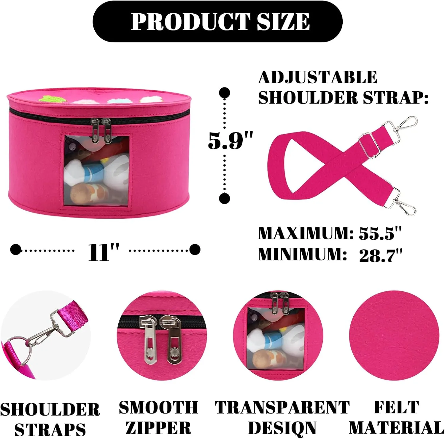 Heaband Holder Organizer, Large Round Tiara Tote Storage Box, Headband Ears Display Storage Box with Shoulder Straps (Rosy Red)