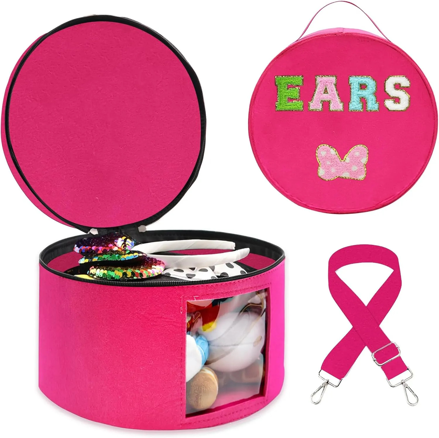 Heaband Holder Organizer, Large Round Tiara Tote Storage Box, Headband Ears Display Storage Box with Shoulder Straps (Rosy Red)