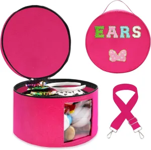 Heaband Holder Organizer, Large Round Tiara Tote Storage Box, Headband Ears Display Storage Box with Shoulder Straps (Rosy Red)