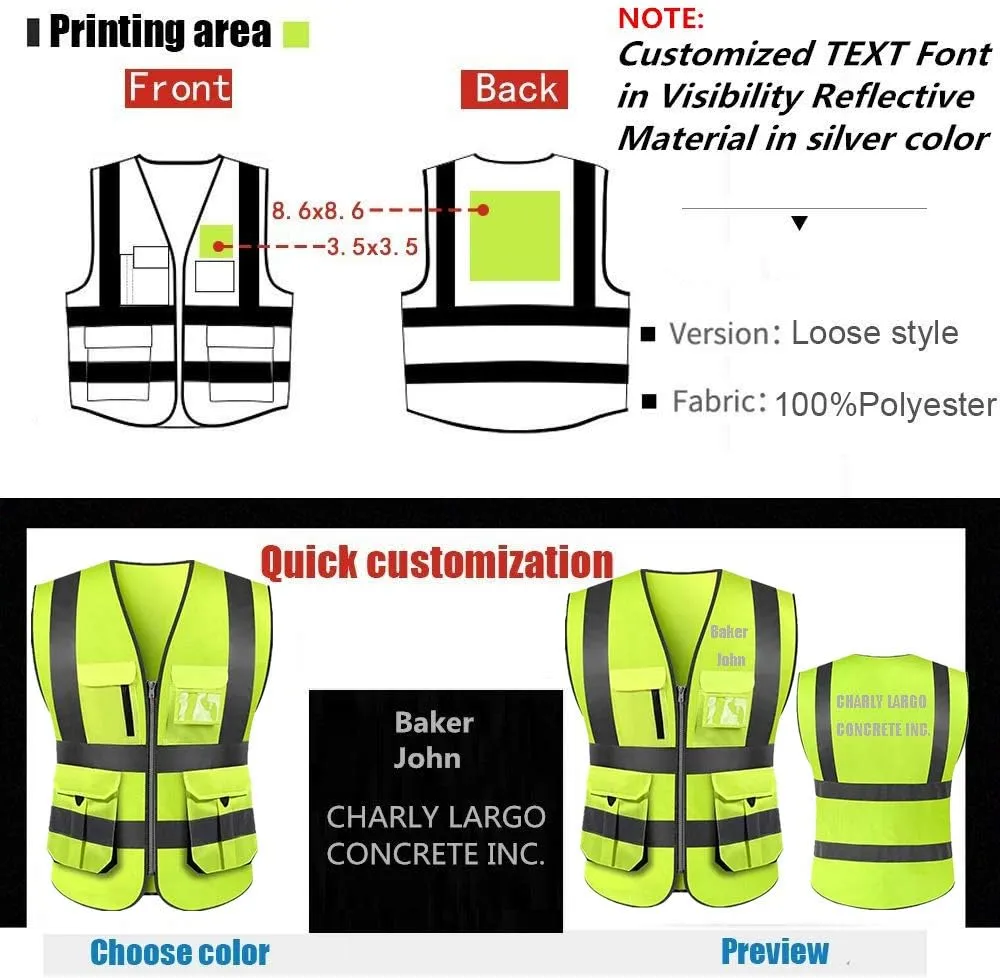 High Visibility Reflective Safety Vest Class 2 ANSI Personalized Custom Your Text Protective Workwear 5 Pockets With Reflective Strips Outdoor Work Vest (Neon Yellow 2XL)