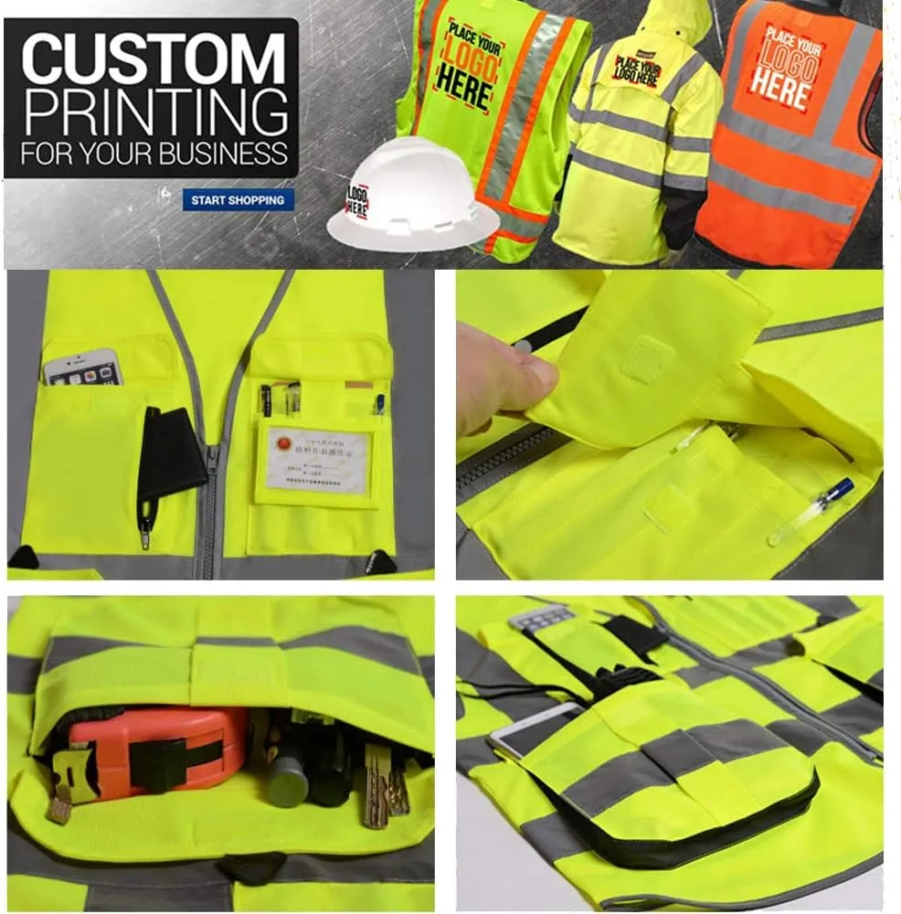 High Visibility Reflective Safety Vest Class 2 ANSI Personalized Custom Your Text Protective Workwear 5 Pockets With Reflective Strips Outdoor Work Vest (Neon Yellow 2XL)
