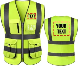High Visibility Reflective Safety Vest Class 2 ANSI Personalized Custom Your Text Protective Workwear 5 Pockets With Reflective Strips Outdoor Work Vest (Neon Yellow 2XL)