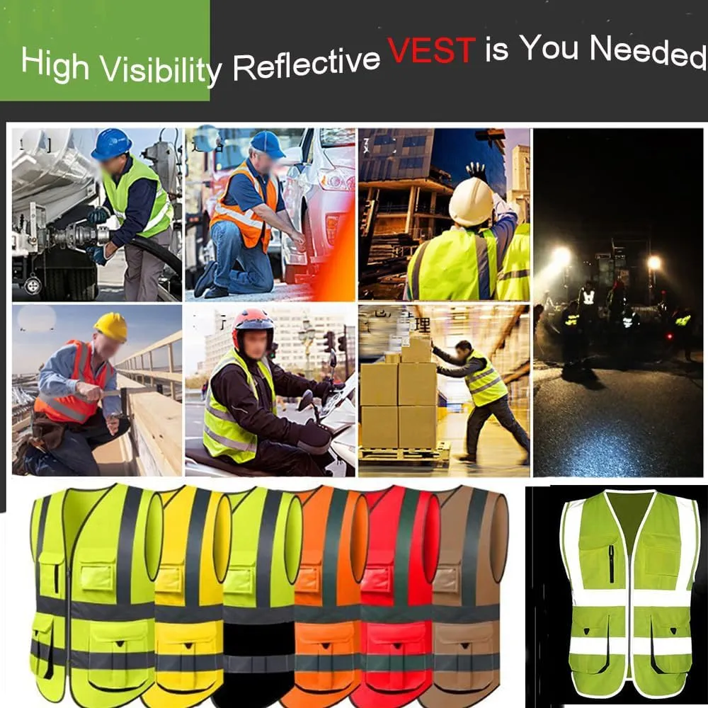 High Visibility Reflective Safety Vest Class 2 ANSI Personalized Custom Your Text Protective Workwear 5 Pockets With Reflective Strips Outdoor Work Vest (Neon Yellow 2XL)