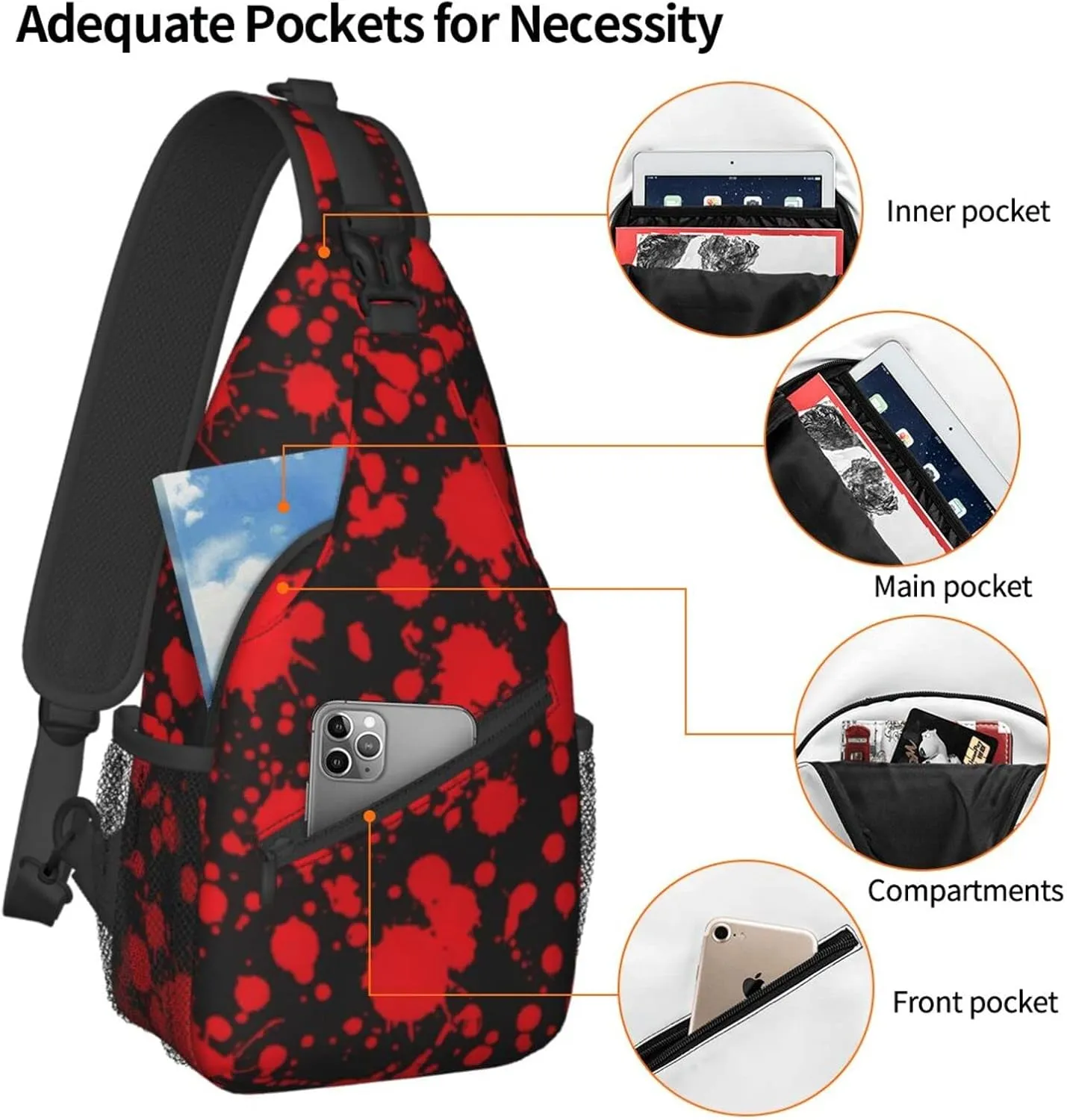Horror Blood Splatter Outdoor Crossbody Shoulder Bag For Unisex Young Adult Hiking Sling Backpack