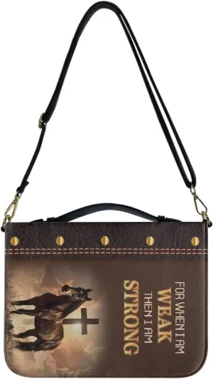 Horse Cross Print Bible Cover Case for When I Am Weak Bible Bag Bible Protective with Handle and Zipper Multifunctional Bible Journaling Supplies Christian Gifts, 2XL