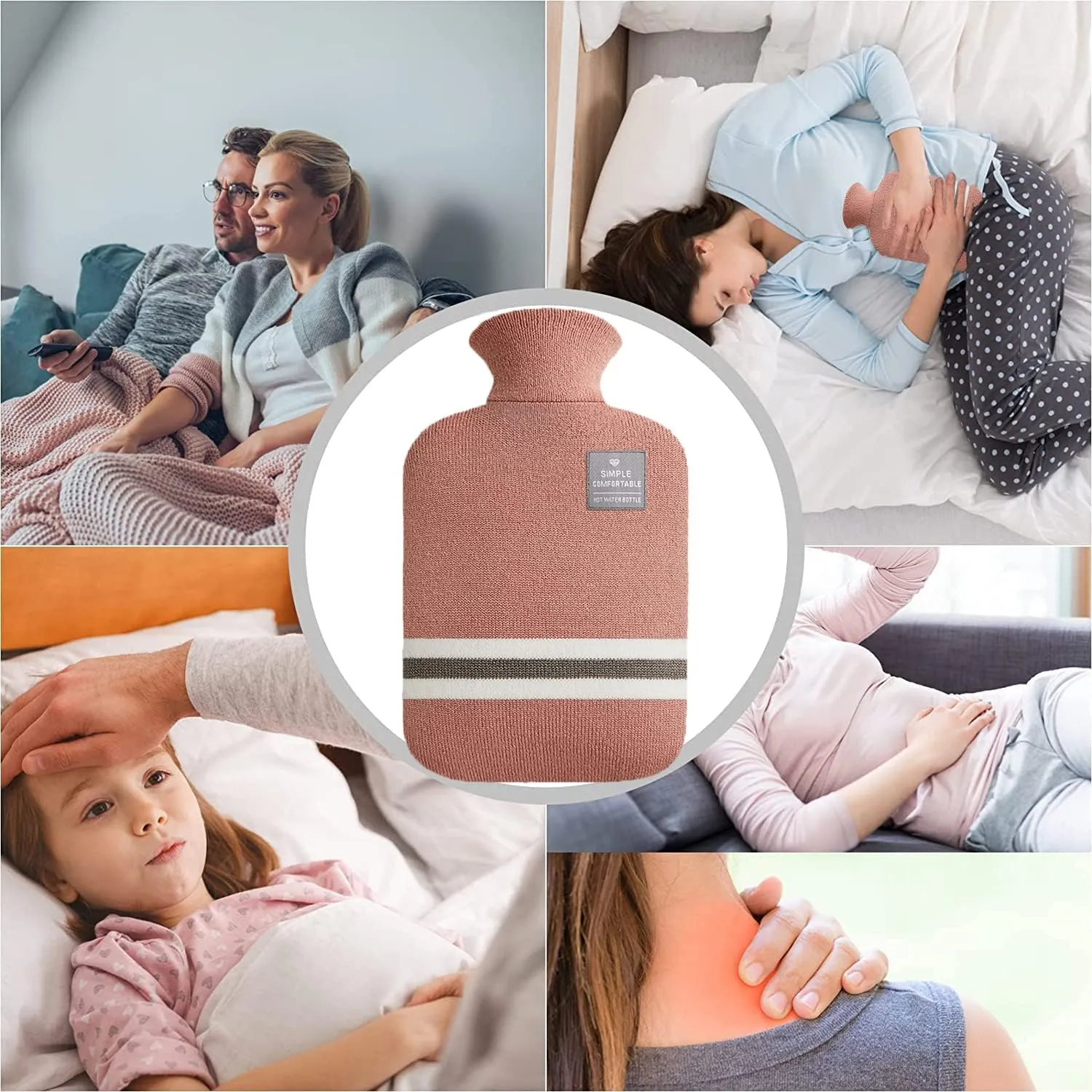 Hot Water Bottle with Classic Striped Cover, 2L Hot Water Bag for Menstrual Cramps, Neck and Shoulder Pain Relief, Hot and Cold Therapies, Hand Feet Warmer