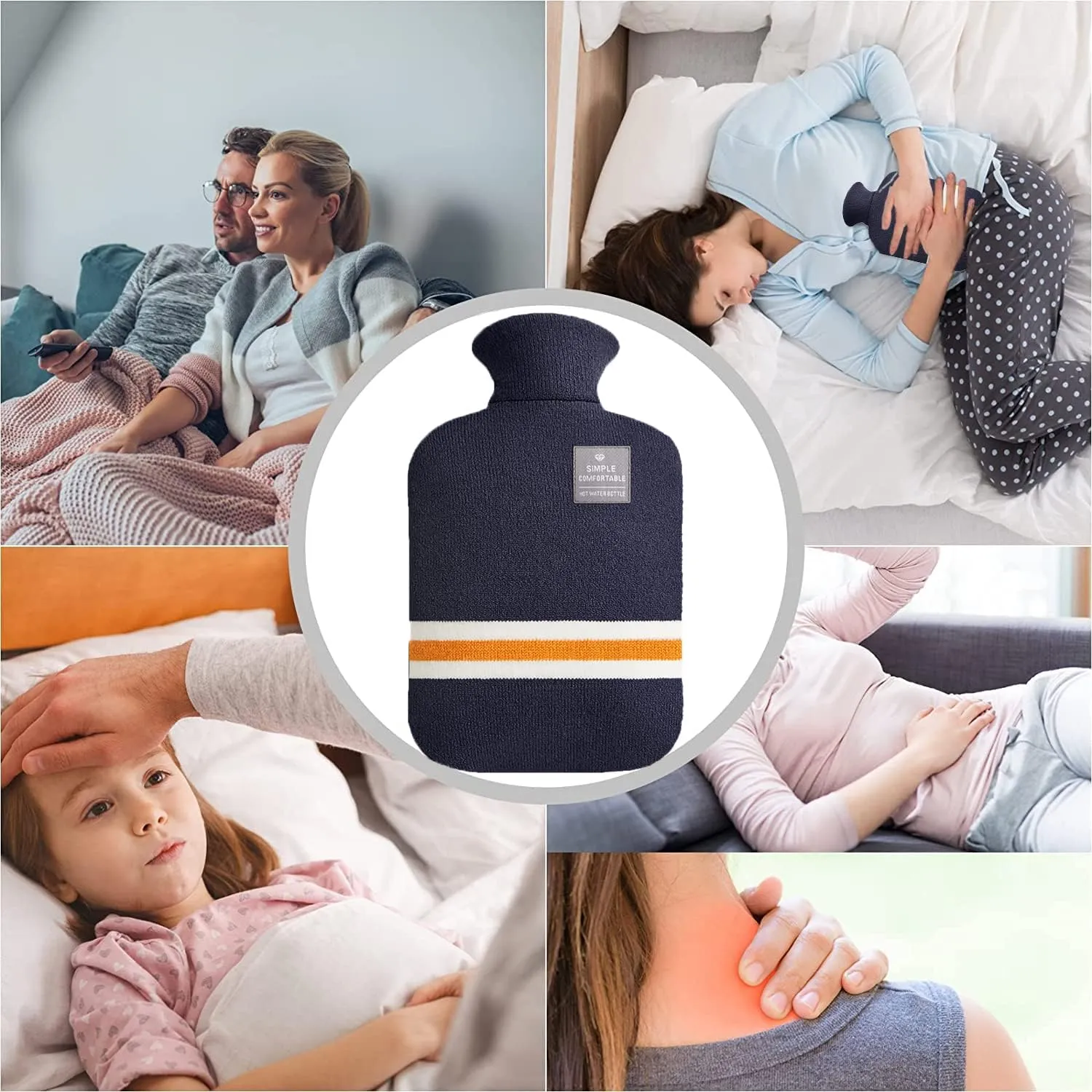 Hot Water Bottle with Classic Striped Cover, 2L Hot Water Bag for Menstrual Cramps, Neck and Shoulder Pain Relief, Hot and Cold Therapies, Hand Feet Warmer