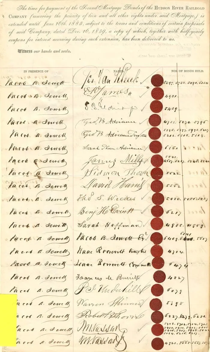 Hudson River Railroad Bond Receipt Sheet signed by Matthew Vassar Jr.